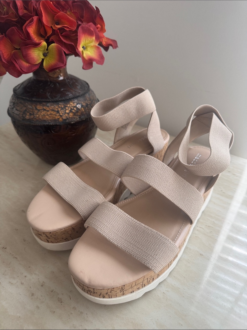 Beige Elastic Strap Cork Platform Sandals - Women's
